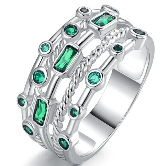 💥925 Silver Plated Green Round Rectangle CZ Double Layer Dainty Ring,UNVN12165 - Picture 2 of 2